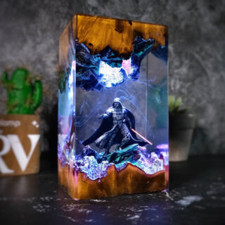 Resin Lamps 2 Handmade resin Darth Vader lamp with RGB LED lighting and natural wood burl diorama