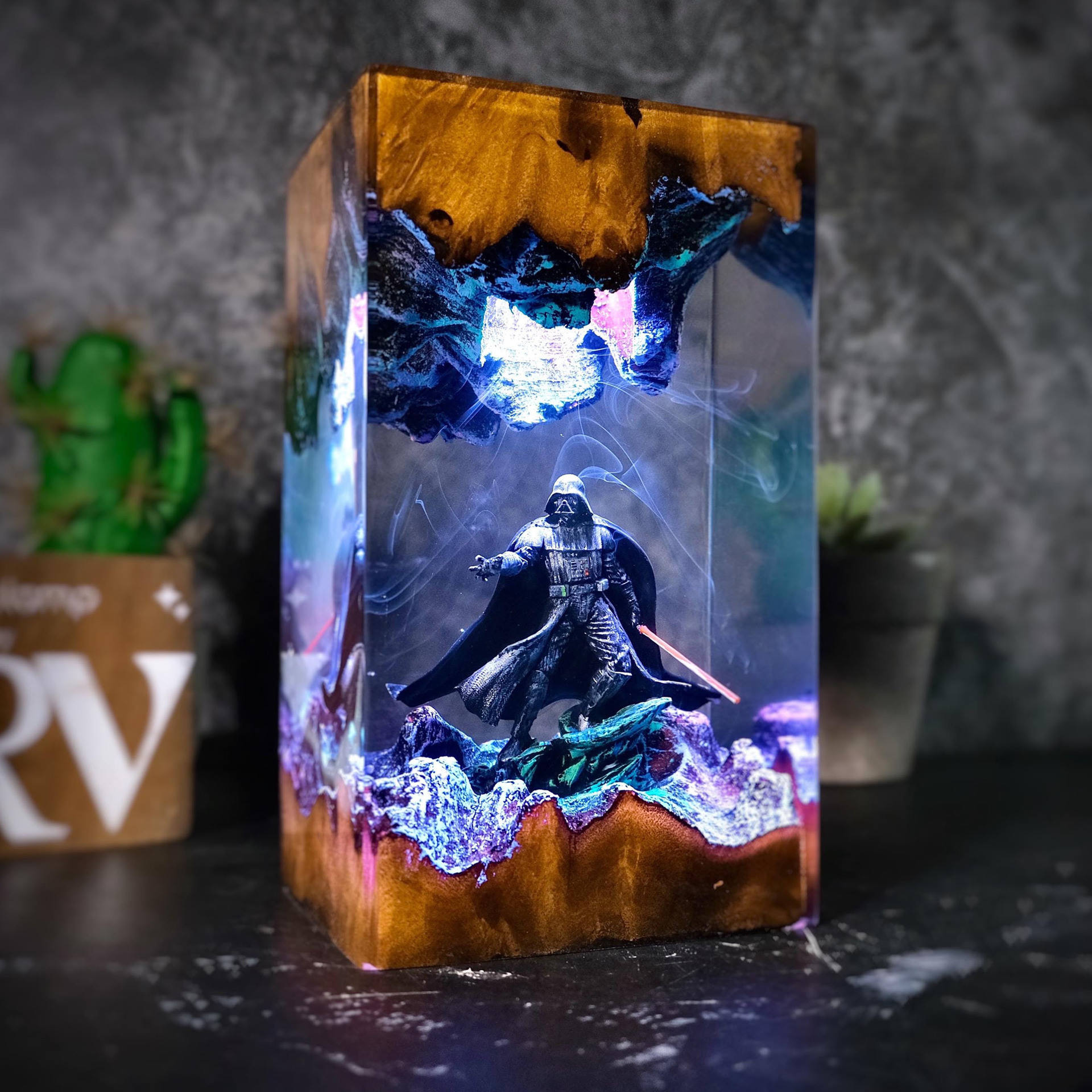 Handmade Resin Darth Vader Lamp | Custom Epoxy Diorama Light 1 Handmade resin Darth Vader lamp with RGB LED lighting and natural wood burl diorama
