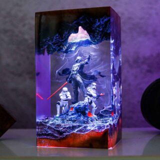 Resin Lamps 1 Darth Vader Stormtrooper resin lamp with RGB LED lighting and natural wood burl diorama